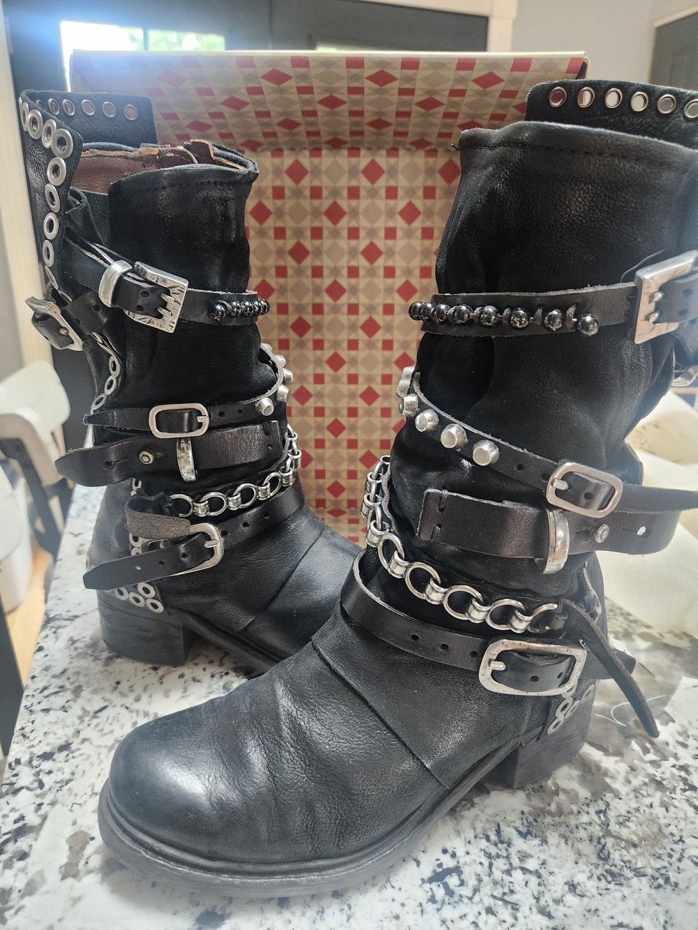 A.S.98 Black Leather Mid-Calf Buckle & Chain Boots